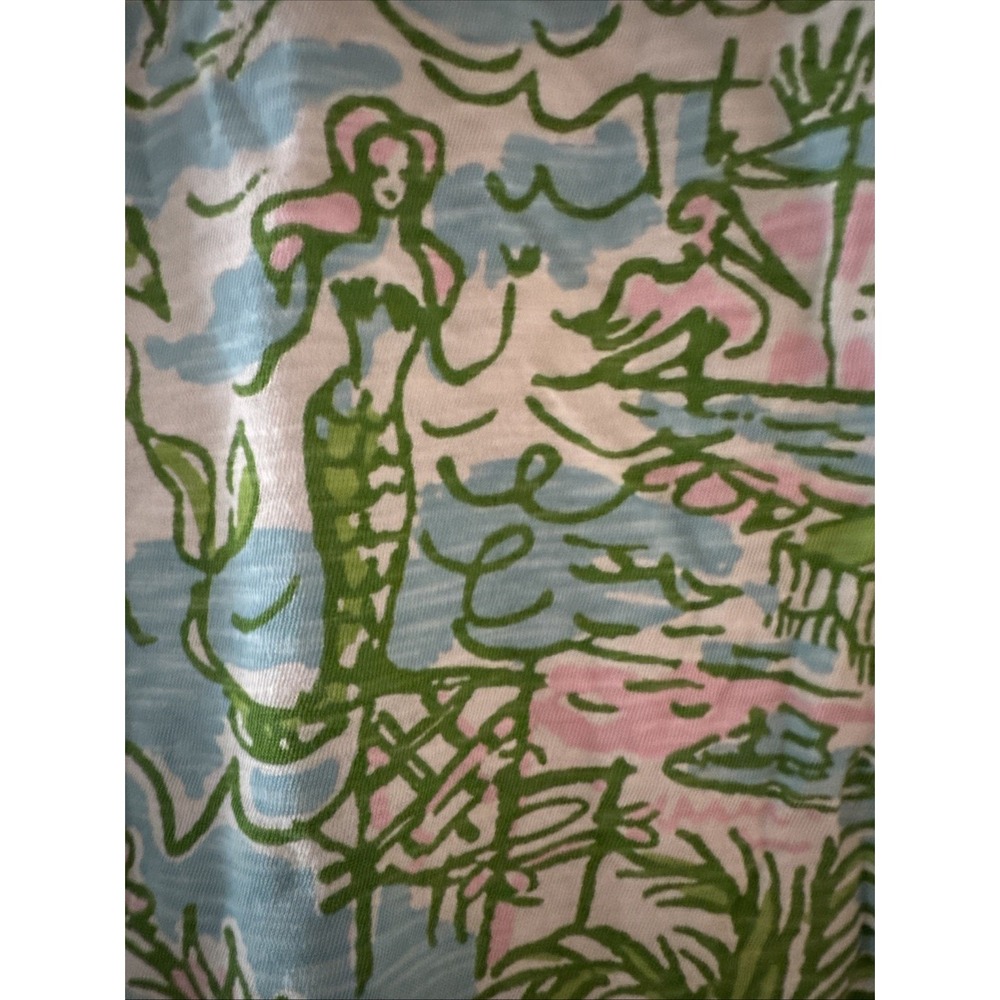 Lilly Pulitzer Top Tee Size Small Blue Mermaids Suns Flamingo Print Coastal
